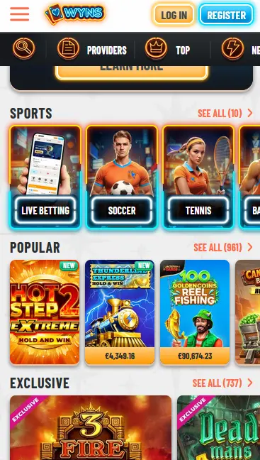Wyns Casino app preview