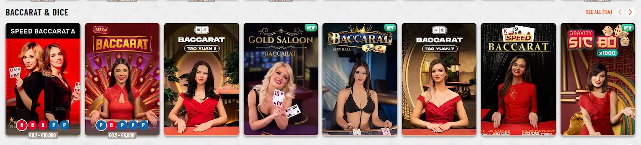 Live baccarat and poker tables in the Wyns Casino mobile lobby