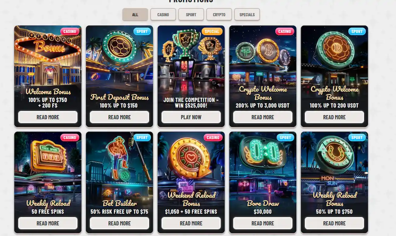 Wyns Casino promotions page listing the welcome bonus, crypto bonus and weekend reload offers