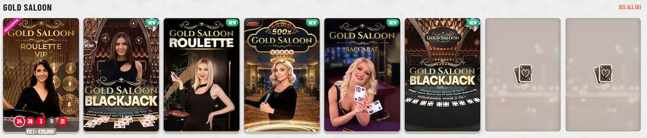 Gold Saloon live dealer tables available to Wyns Casino VIP players
