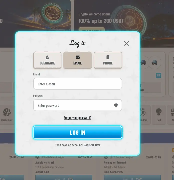 Wyns Casino login window with email, username and phone sign-in options