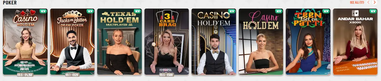 Live poker tables available in the Wyns Casino mobile app