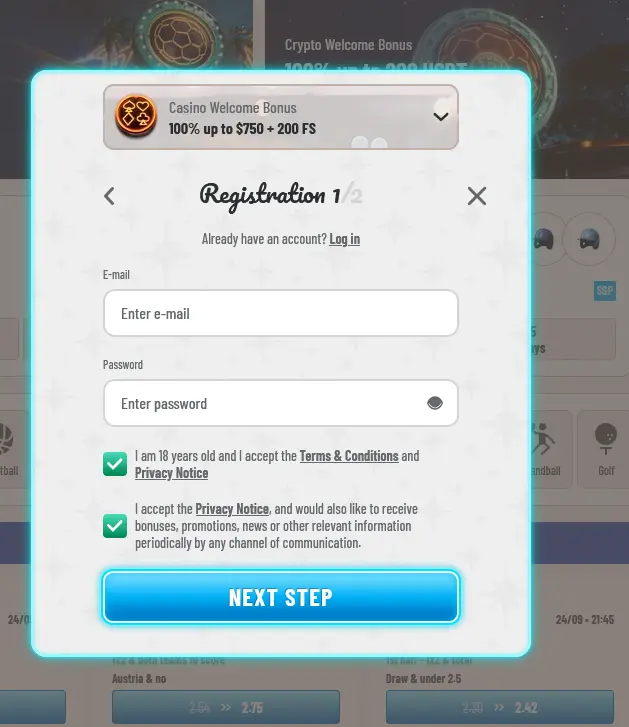 Wyns Casino registration form step 1 of 2 with the 100% up to $750 welcome bonus